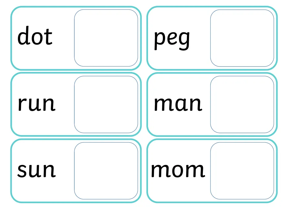Decoding CVC words dot, peg, run, man, sun and mom: students read each card and pair it with its picture in the empty space