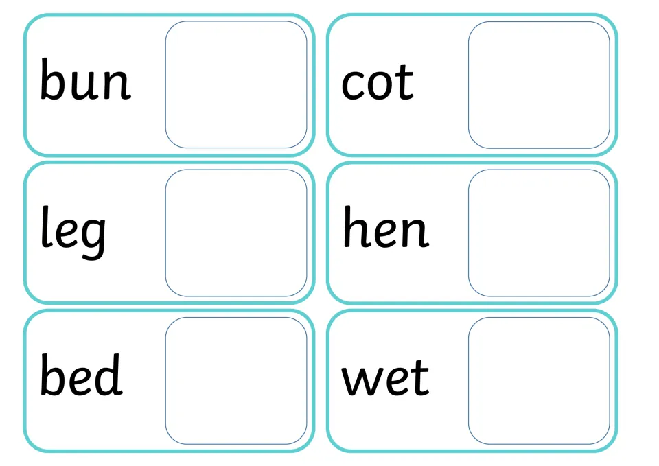 Short-vowel word cards bun, cot, leg, hen, bed and wet, each with a blank space for students to add the picture that fits
