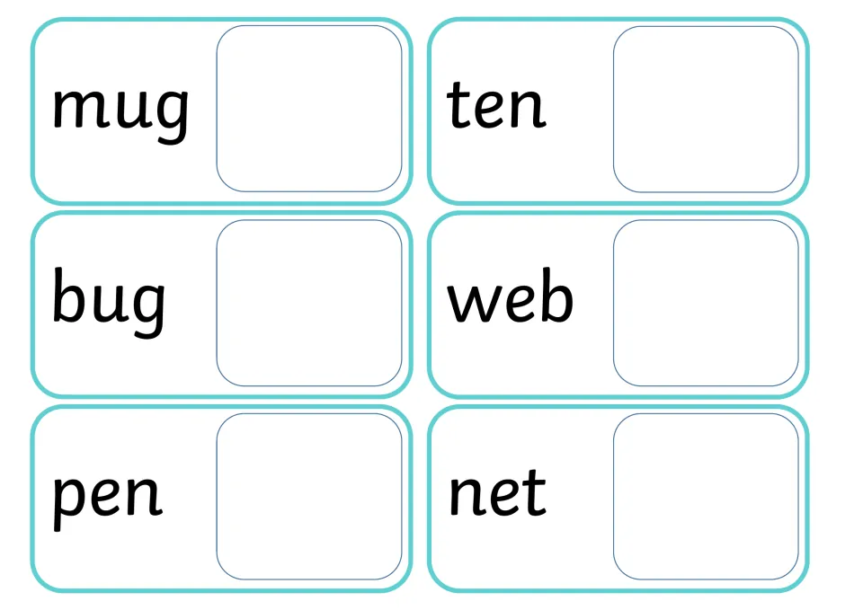 Reading CVC words mug, ten, bug, web, pen and net, then matching each word card to its picture in the empty space beside it