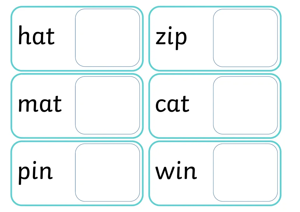 Short a and short i word cards hat, zip, mat, cat, pin and win, each with an open space for the matching picture