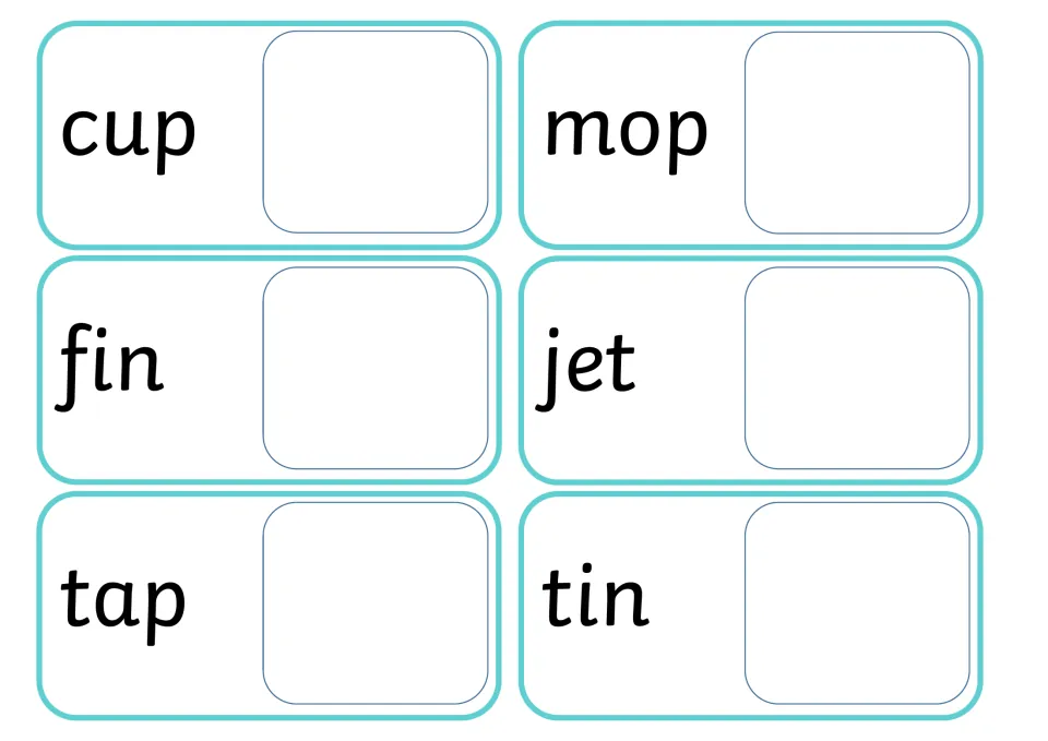 CVC words cup, mop, fin, jet, tap and tin on cards, each next to an empty spot where students match a picture to the word