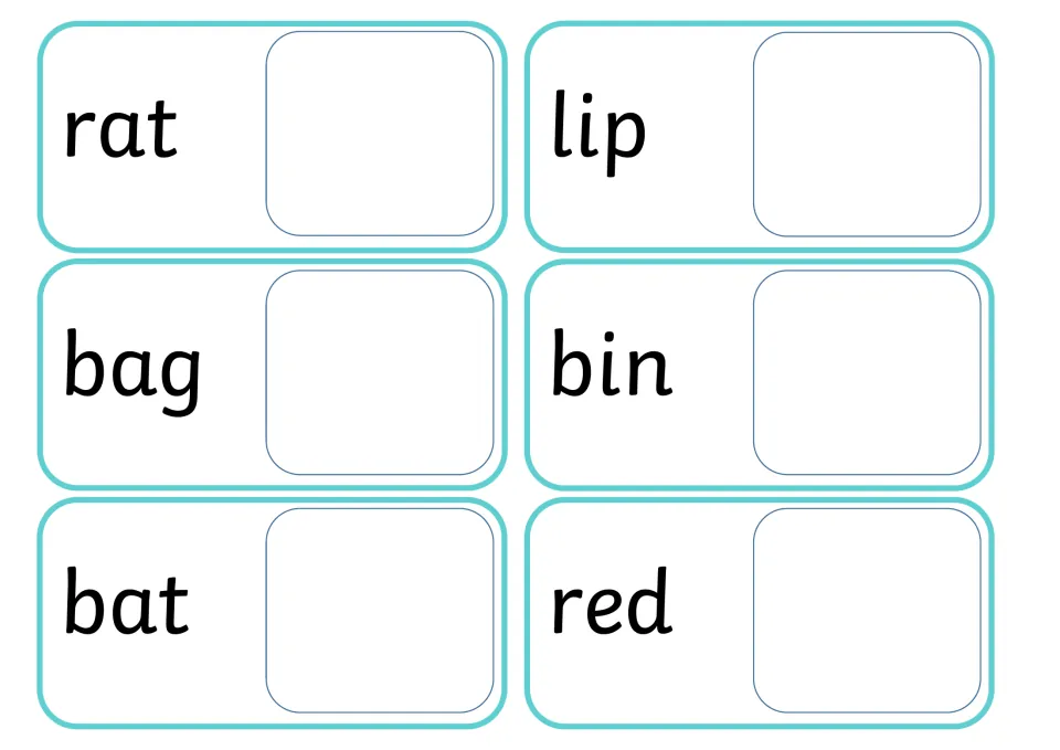 Word cards rat, lip, bag, bin, bat and red: students blend each CVC word and match it to a picture in the blank space