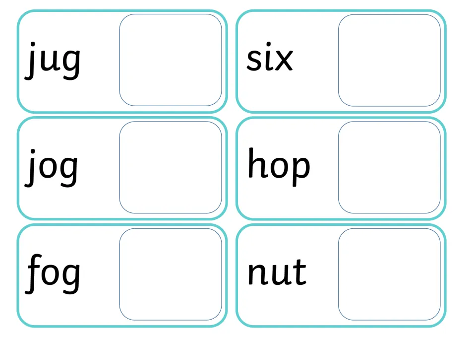Matching CVC words jug, six, jog, hop, fog and nut to pictures; each word card has an empty space for its picture