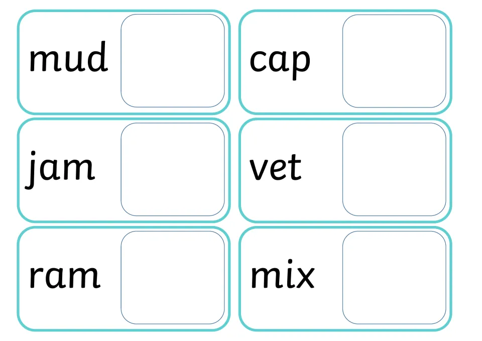 CVC word cards mud, cap, jam, vet, ram and mix, each with an empty space for students to fill with the matching picture