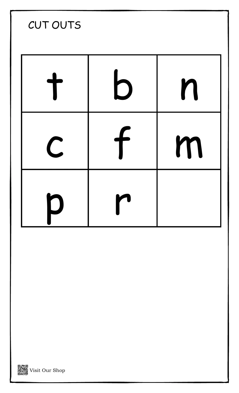 Cut outs: eight consonant letter cards, t, b, n, c, f, m, p and r, for students to cut and place in word-building slots
