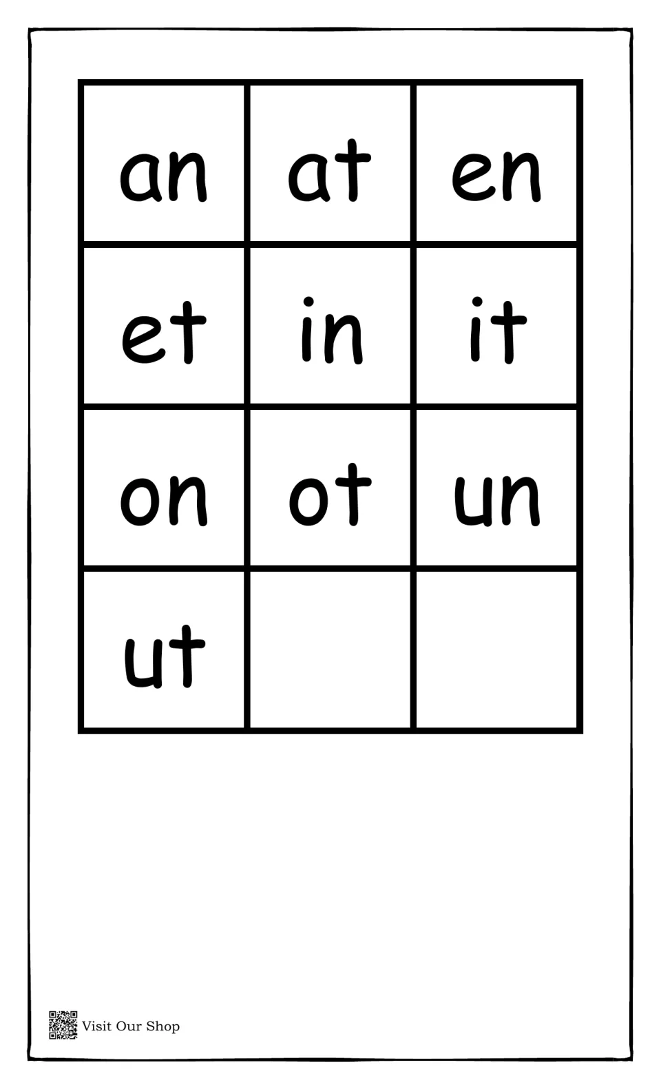 Vowel-consonant ending cards an, at, en, et, in, it, on, ot, un and ut to cut apart and place beside the spinner