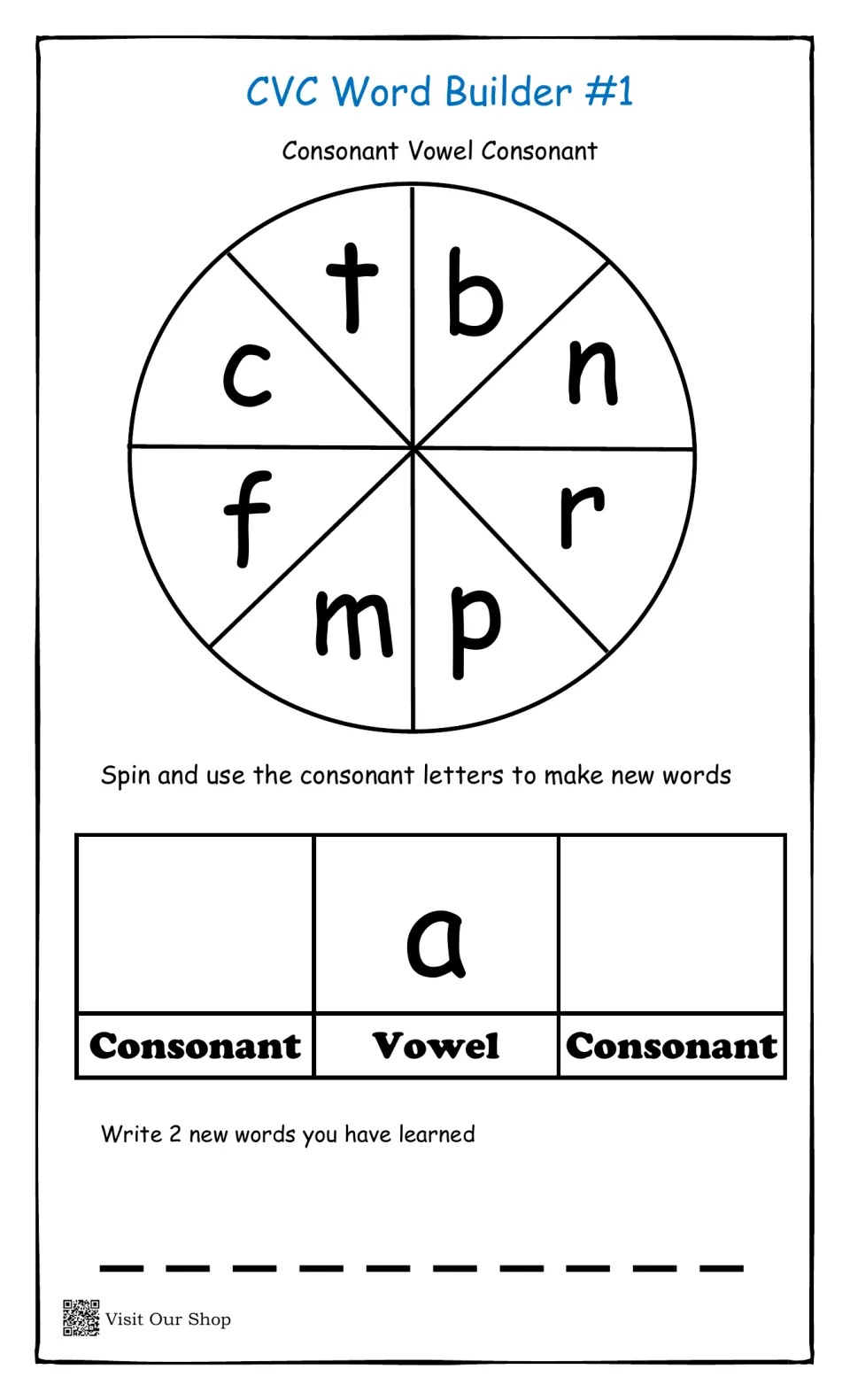 Short a CVC words: students spin a wheel of 8 consonants, place them around the vowel a and write 2 new words