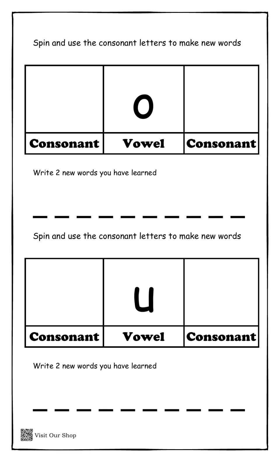 Short o and short u CVC words: students spin for a first and last consonant around each vowel and write 2 words