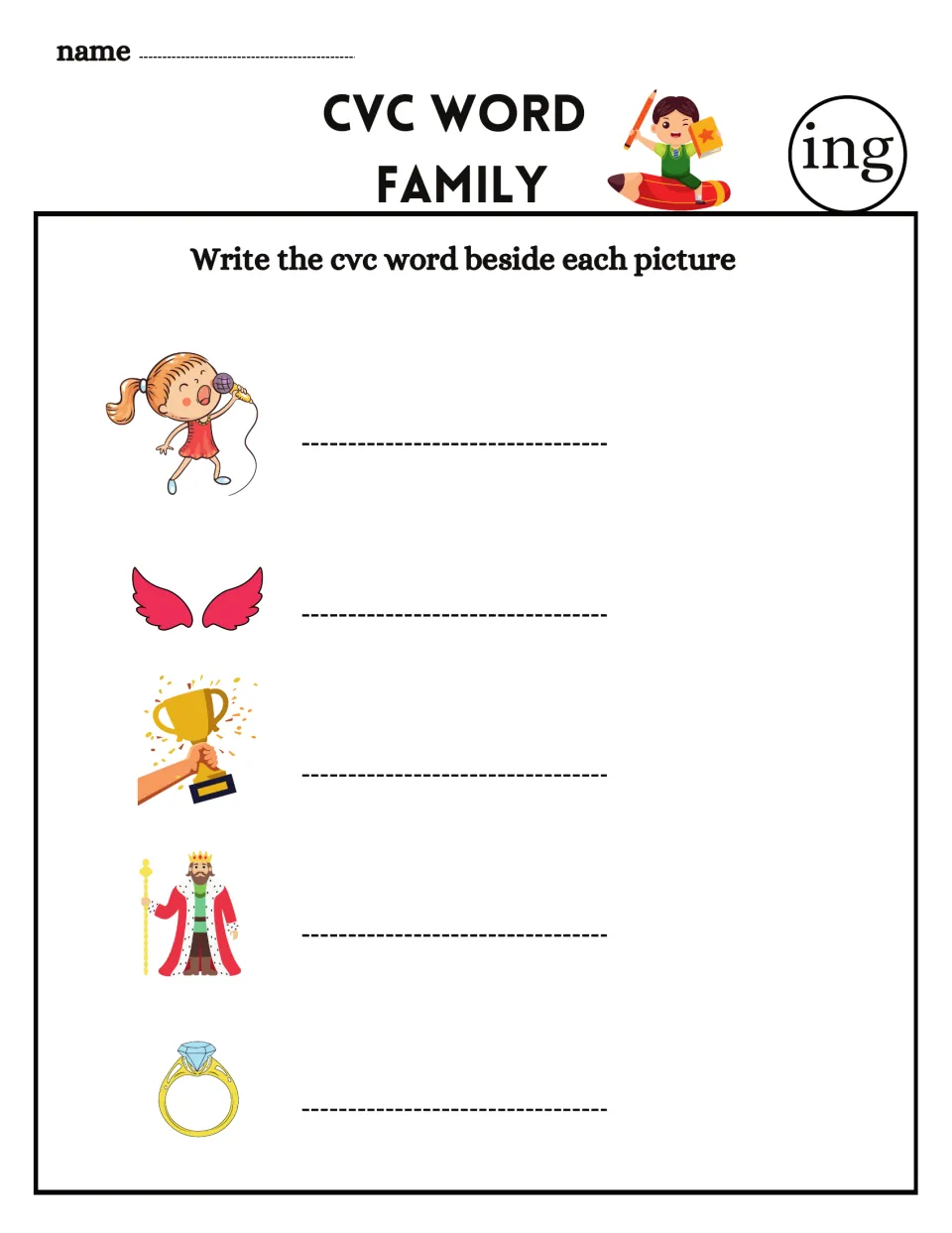 Word family -ing: students write the word beside pictures of a girl singing, wings, a trophy, a king and a ring