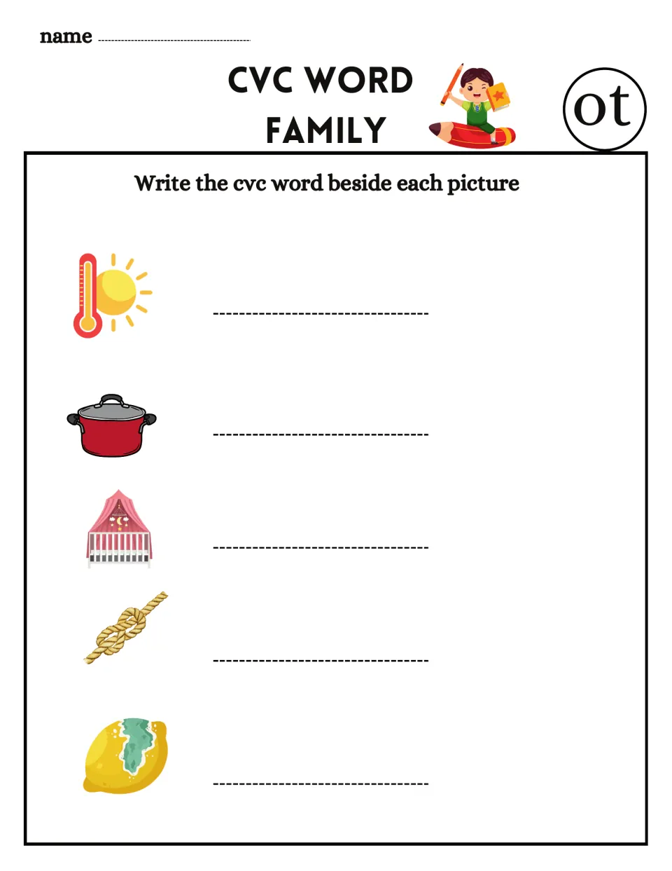 CVC word family -ot: students write the word beside pictures of a thermometer, a pot, a cot, a knot and a moldy lemon