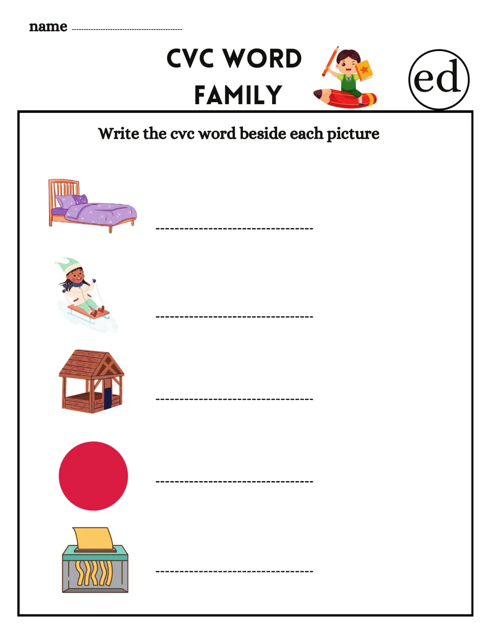 CVC word family -ed: students write the word beside pictures of a bed, a sled, a shed, a red circle and a shredder