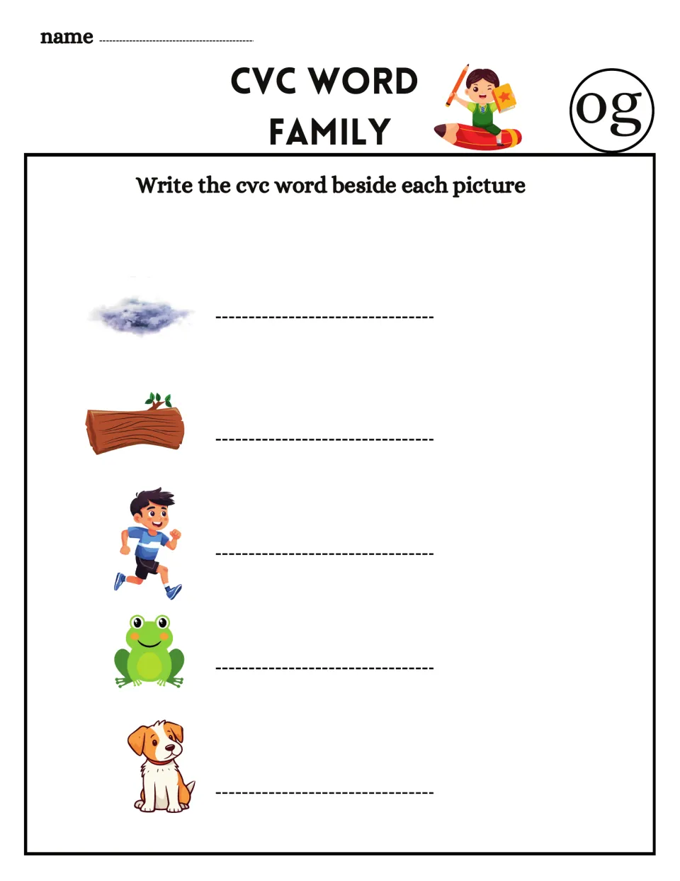 CVC word family -og: students write the word beside pictures of fog, a log, a boy jogging, a frog and a dog