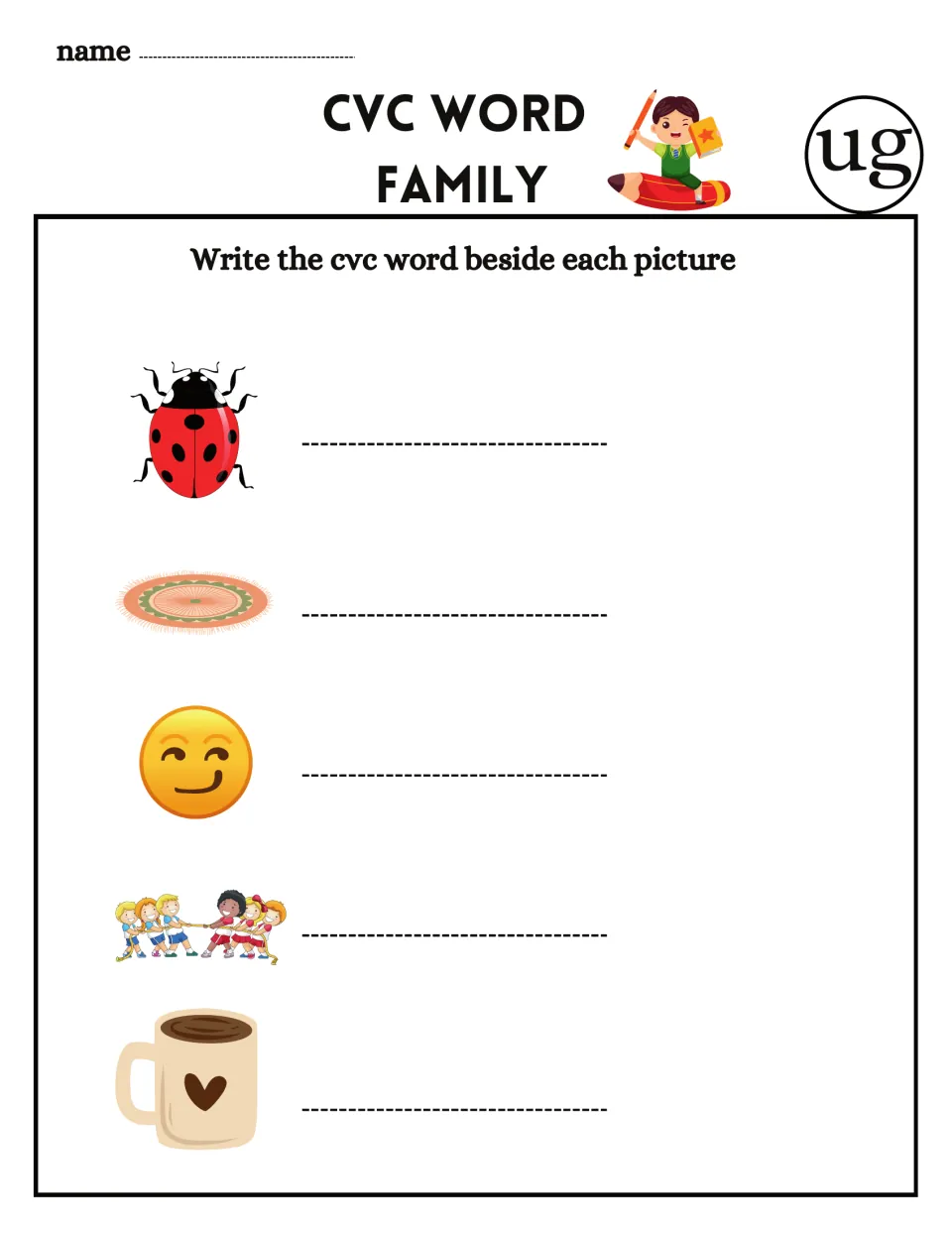 CVC word family -ug: students write the word beside pictures of a ladybug, a rug, a smug face, tug of war and a mug