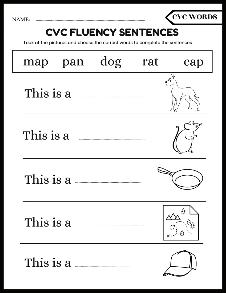 CVC fluency sentences: students write dog, rat, pan, map or cap beside each picture to complete This is a... sentences