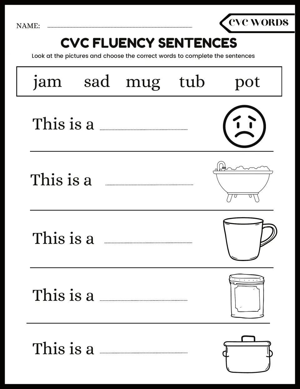 CVC word bank sentences: students label a sad face, tub, mug, jam jar and pot using jam, sad, mug, tub and pot