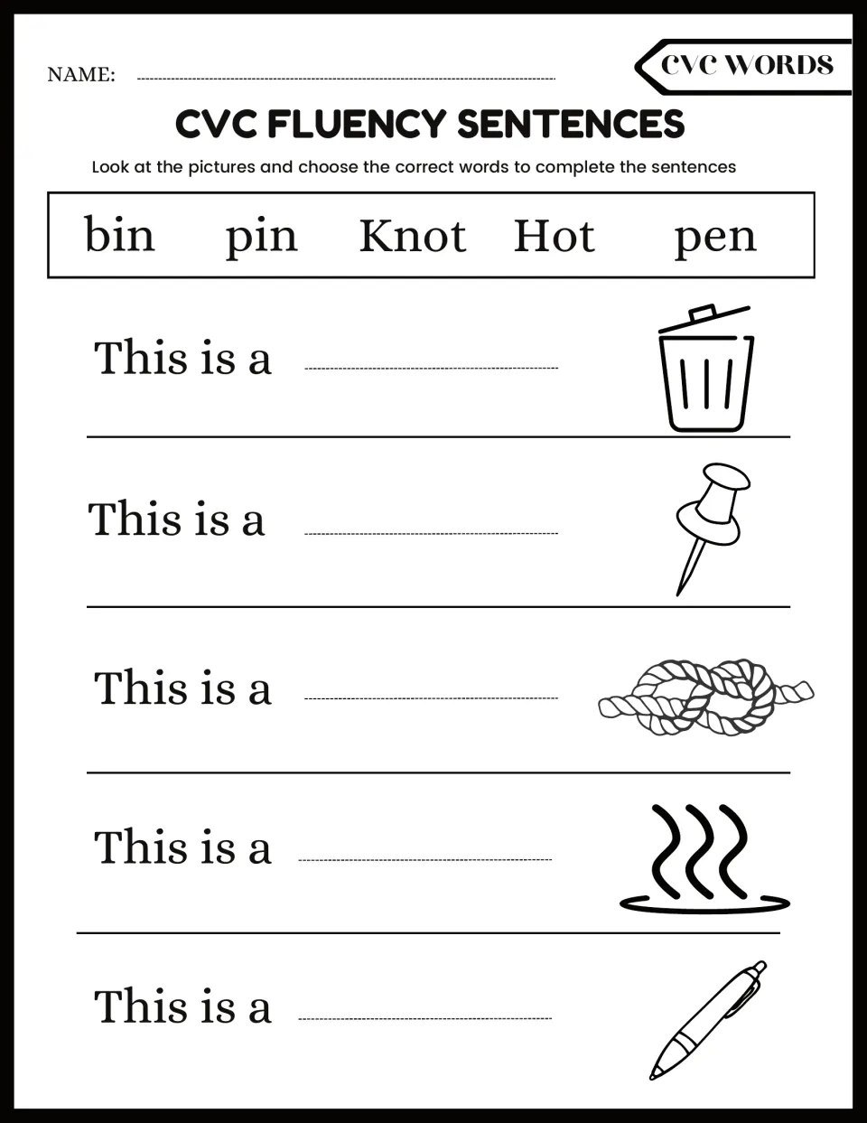 CVC fluency sentences with short i and o: students choose bin, pin, knot, hot or pen to name each pictured object