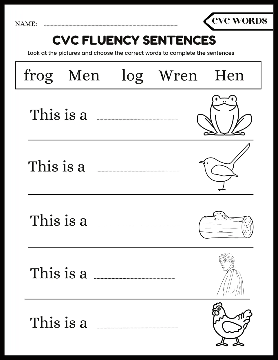 Short e and o CVC sentences: students complete This is a... for a frog, wren, log, man and hen from the word bank
