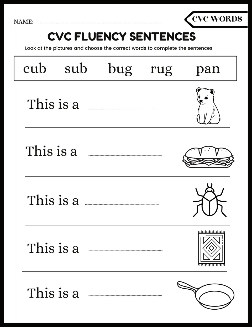 Short u CVC words: students choose cub, sub, bug, rug or pan to finish sentences about a bear cub, sandwich, bug and rug