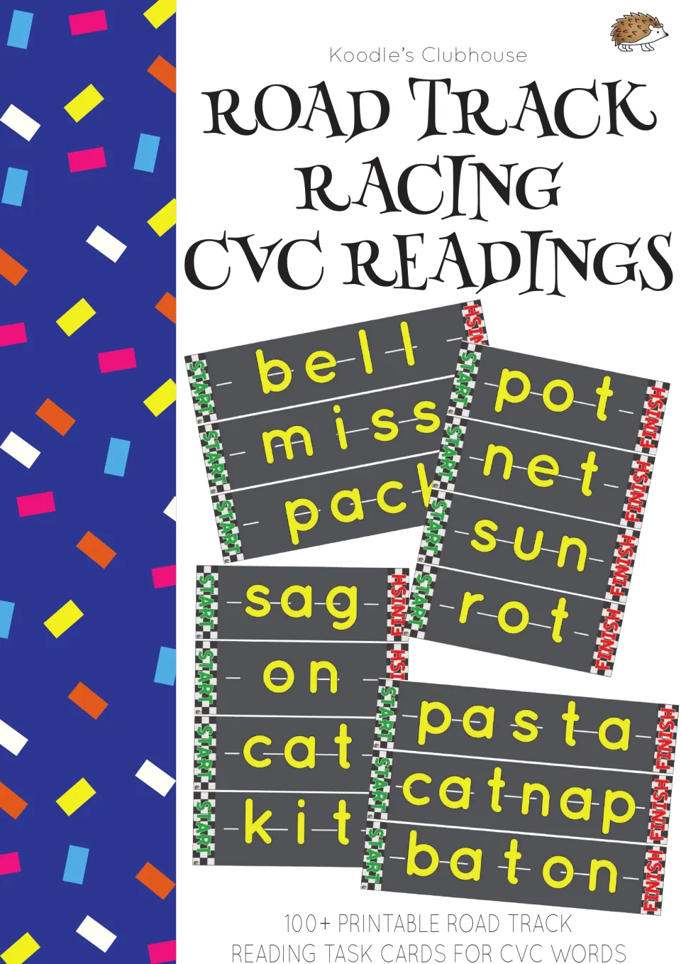 Road Track Racing CVC Readings cover by Koodle's Clubhouse showing road cards with words like bell, cat, sun and catnap