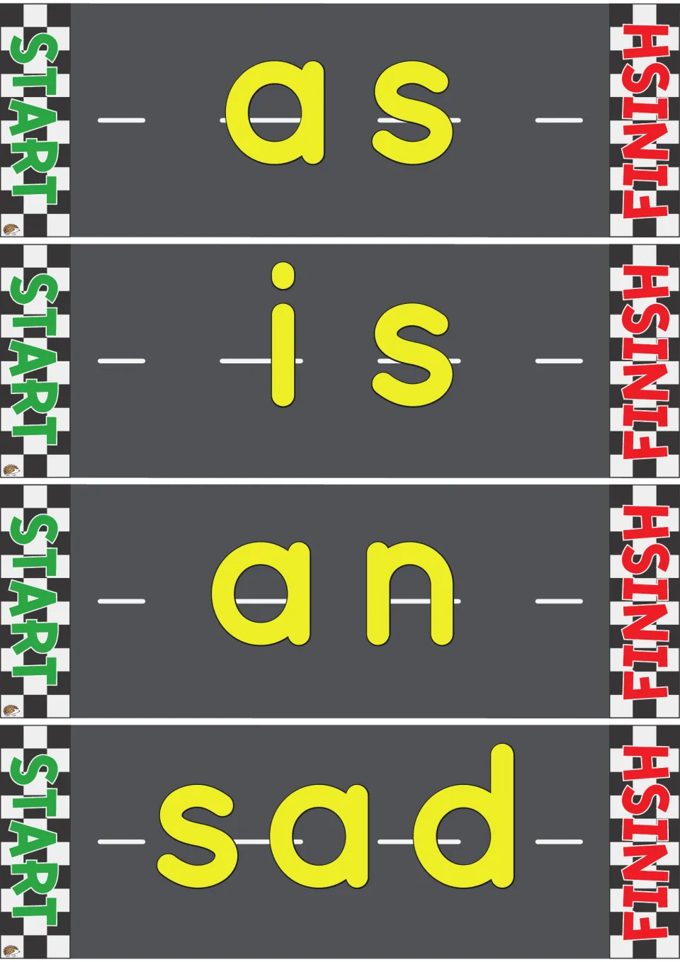 Road track reading cards for as, is, an and sad: students drive a toy car from START to FINISH while blending each word