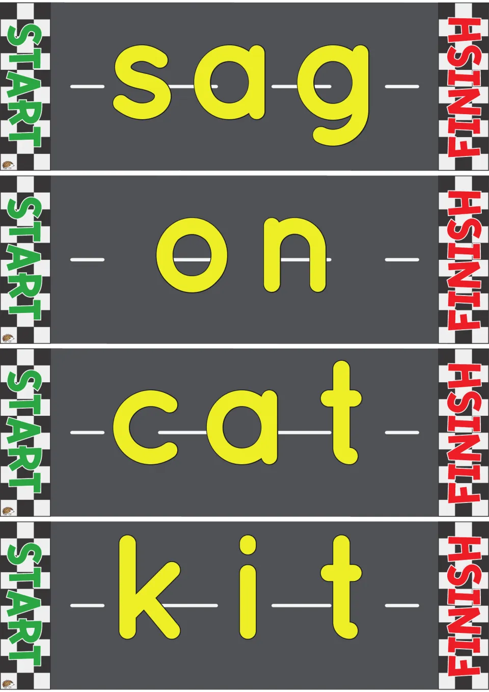 Road track cards with sag, on, cat and kit: students race a toy car along each road, sounding out letters to read the word