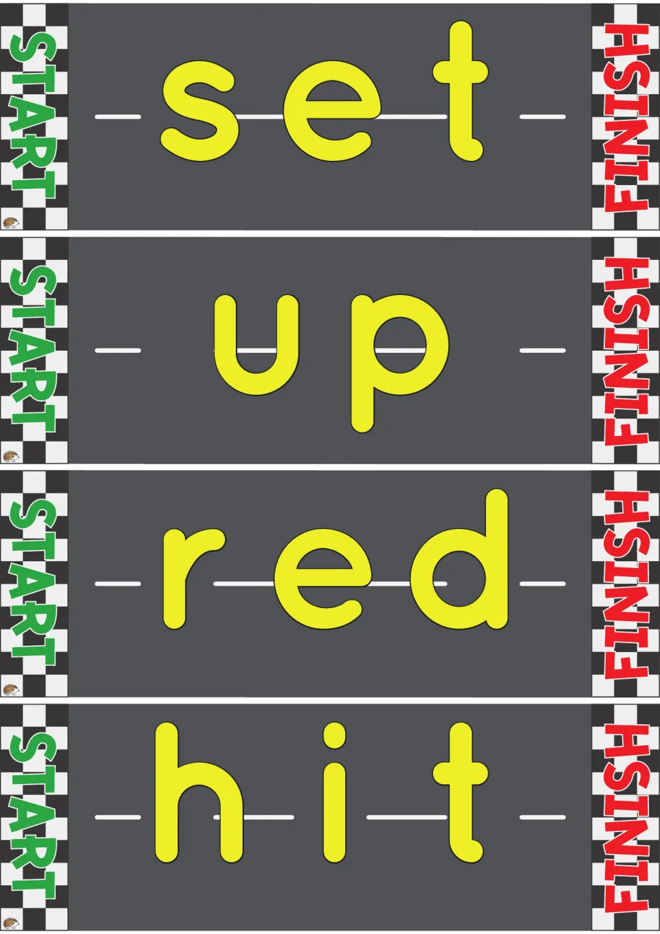 CVC road cards for set, up, red and hit: children drive a car over each letter left to right to decode short-vowel words