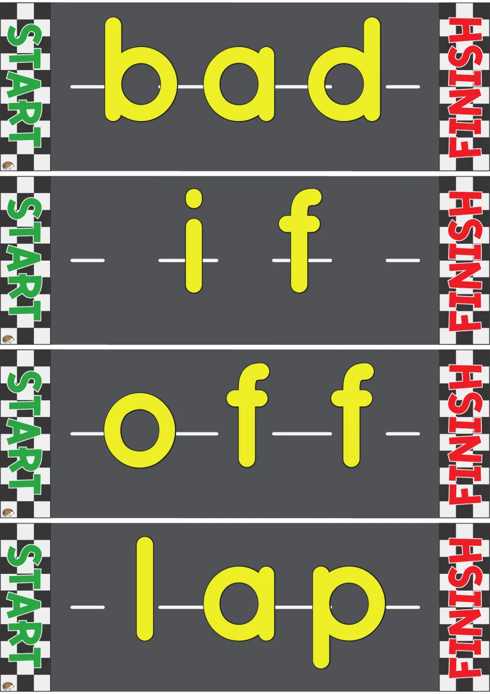 Road reading cards with bad, if, off and lap: students roll a toy car from START to FINISH, saying each sound aloud