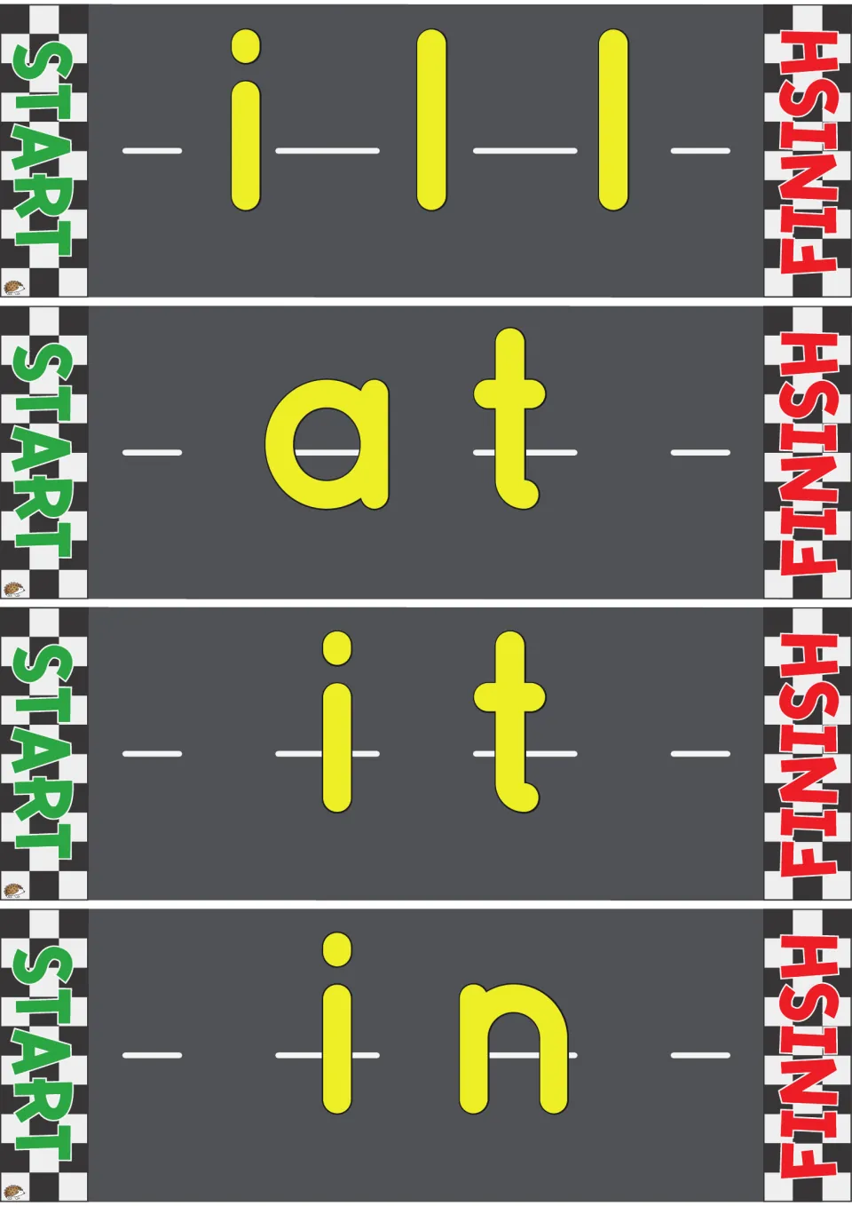 Short i and a road cards for ill, at, it and in: learners drive along each road reading the letters in order to blend