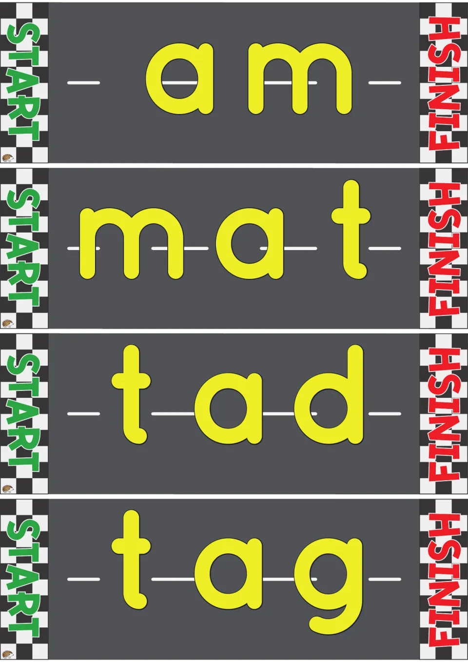 Short a road track cards for am, mat, tad and tag: students steer a car past each letter to blend and read the word aloud