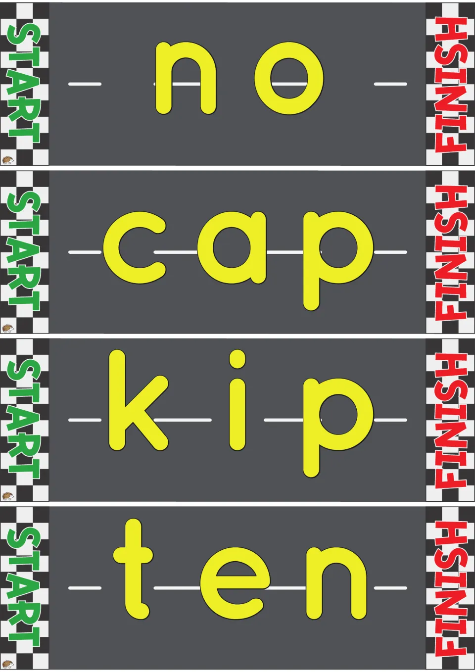 Road reading cards for no, cap, kip and ten: children push a toy car from START to FINISH while decoding each word