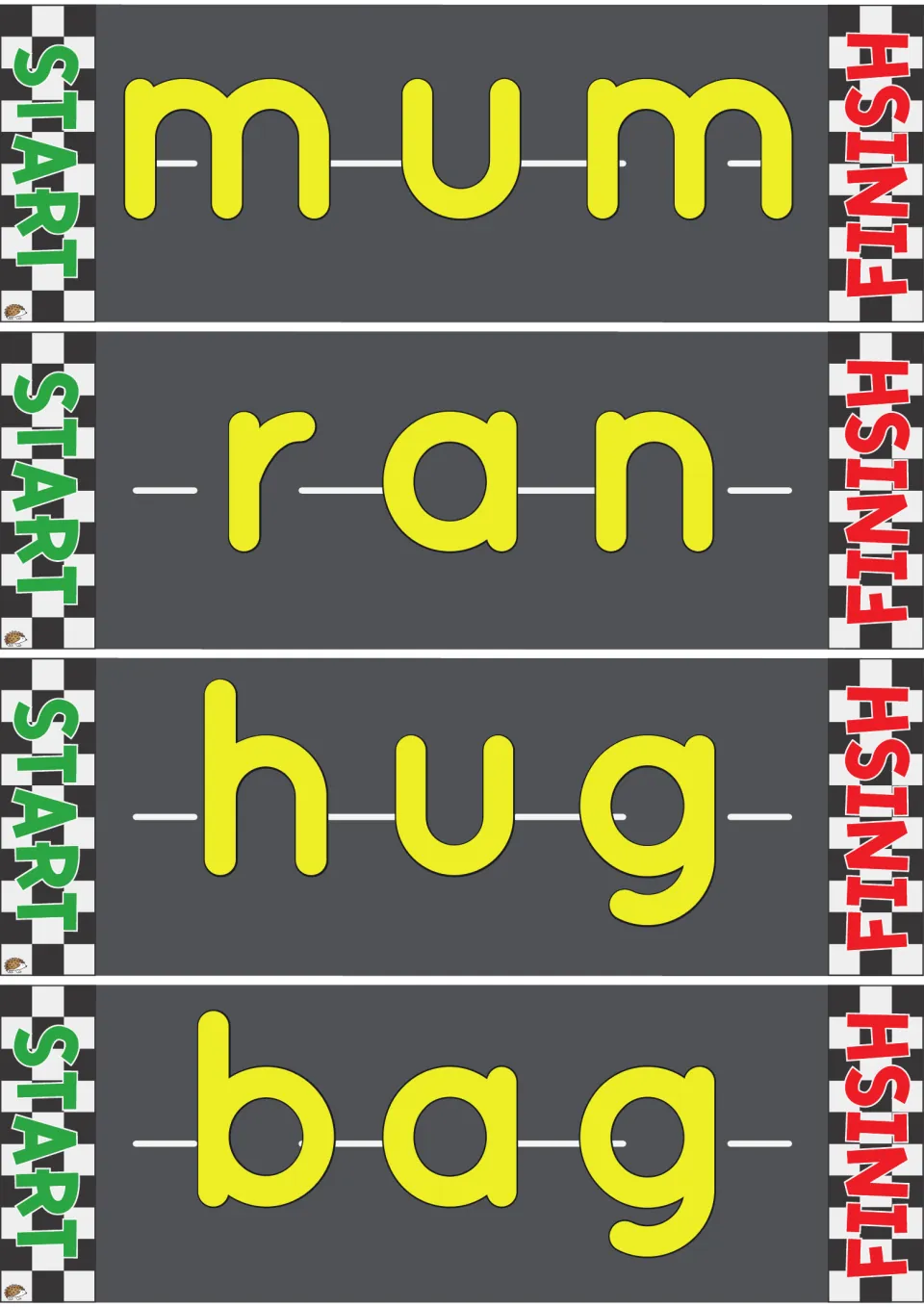 CVC road cards for mum, ran, hug and bag: students drive along each track, tapping out sounds to read short u and a words