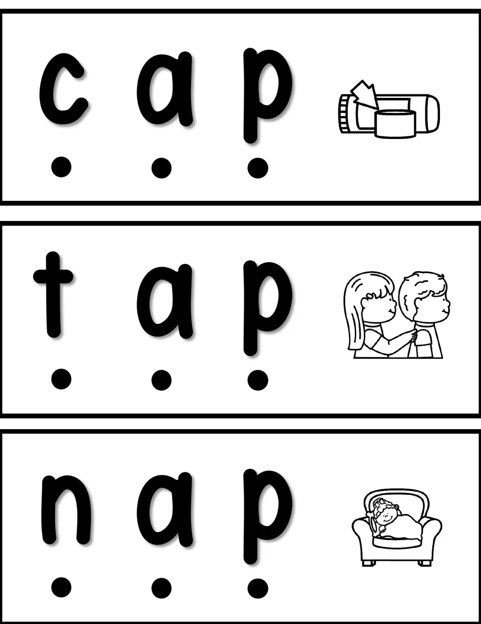 Word slider cards for cap, tap, and nap, each showing three letters, sound dots, and a matching picture