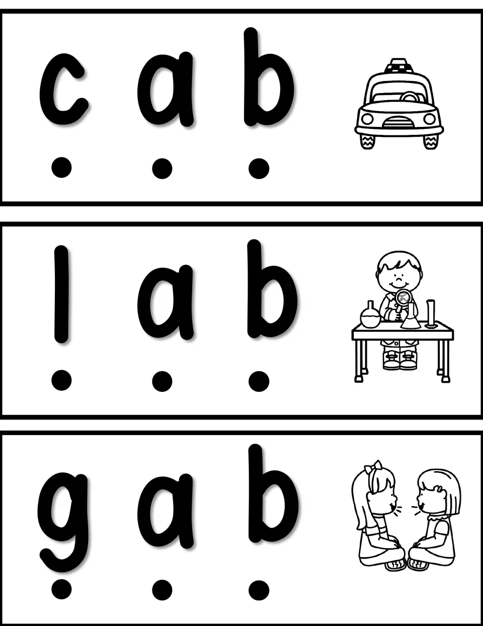 Word slider cards for cab, lab, and gab, each pairing a short-a word with sound dots and a picture