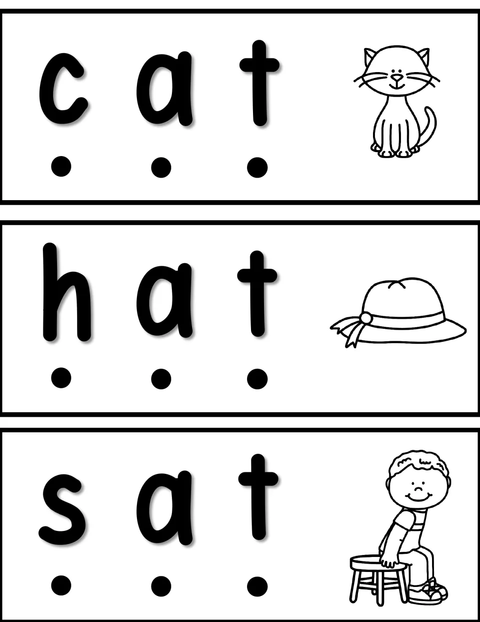 Word slider cards for cat, hat, and sat, with sound dots and pictures of a cat, hat, and seated child