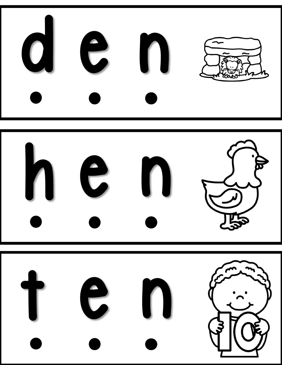 Word slider cards for den, hen, and ten, with sound dots and pictures of a lion's den, hen, and number 10