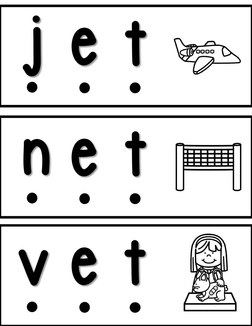 Word slider cards for jet, net, and vet, with sound dots and pictures of a jet, net, and vet treating a dog