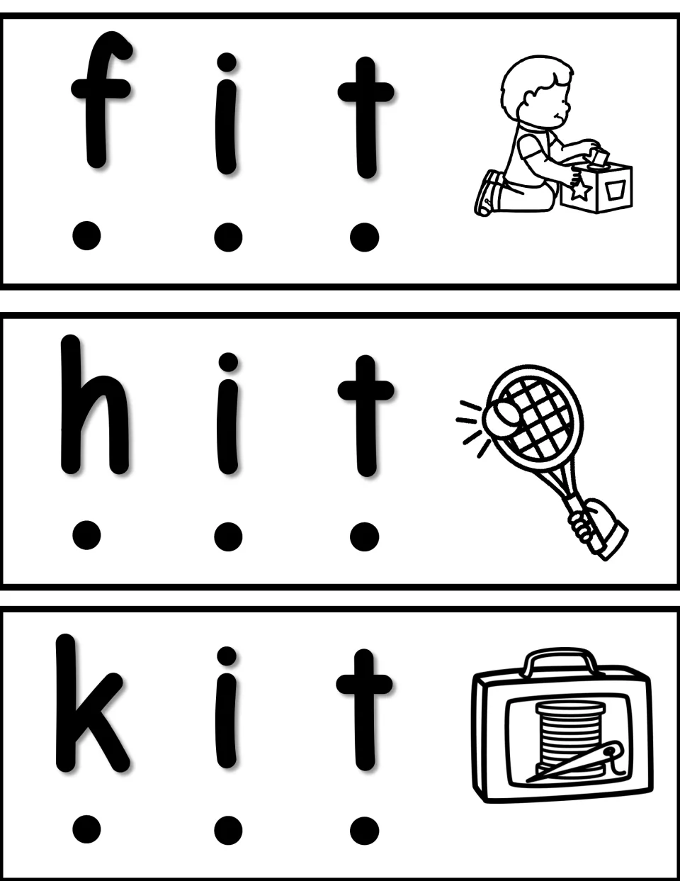 Word slider cards for fit, hit, and kit, with sound dots and pictures of a shape sorter, racket, and sewing kit