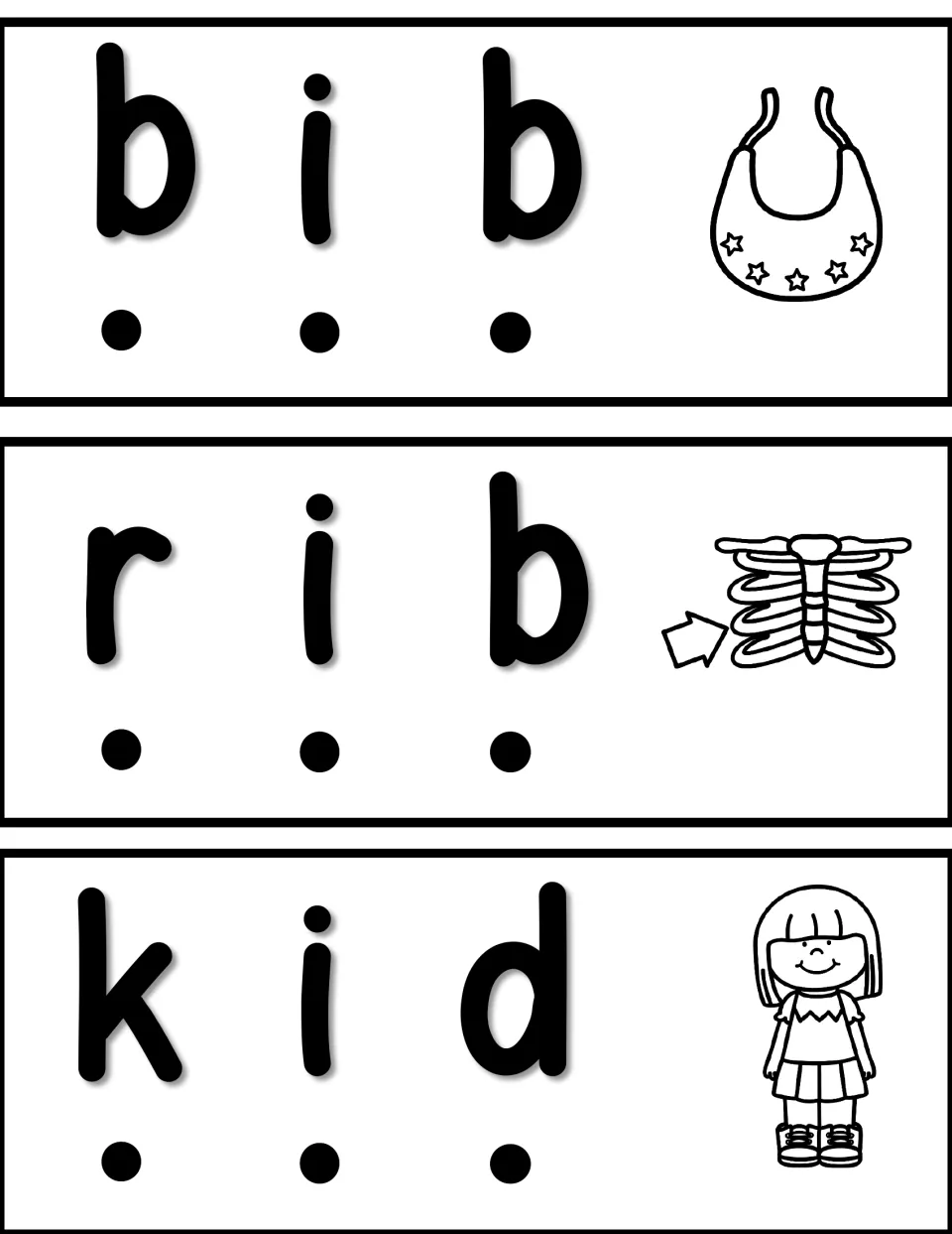 Word slider cards for bib, rib, and kid, with sound dots and pictures of a bib, rib cage, and child