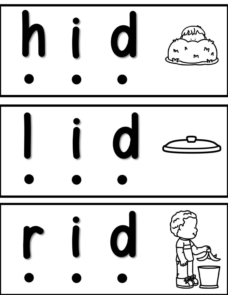Word slider cards for hid, lid, and rid, with sound dots and pictures illustrating hiding, a lid, and disposal