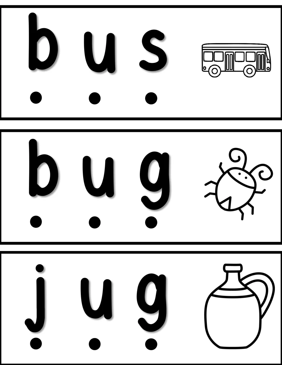 Word slider cards for bus, bug, and jug, each pairing a short-u word with sound dots and a matching picture