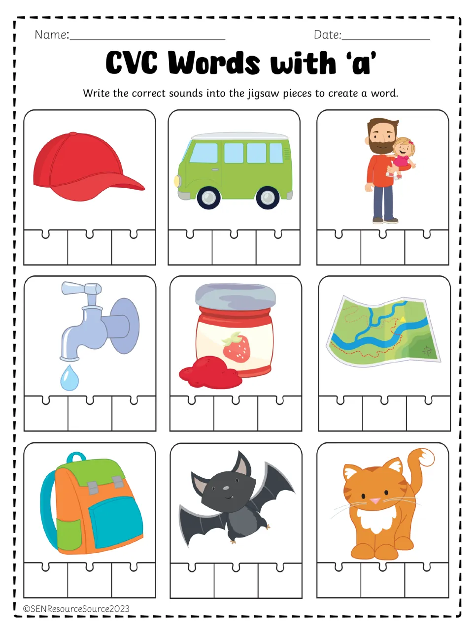 Short a CVC writing practice using pictures of a cap, van, dad, tap, jam, map, bag, bat, and cat.