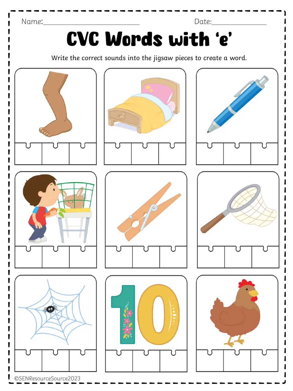 Short e CVC writing practice using pictures for leg, bed, pen, pet, peg, net, web, ten, and hen.