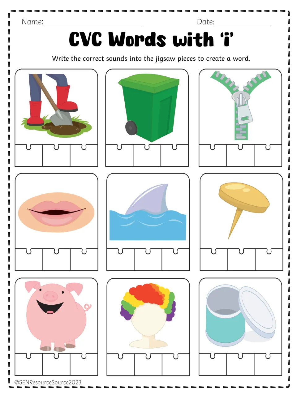 Short i CVC writing practice using pictures for dig, bin, zip, lip, fin, pin, pig, wig, and tin.