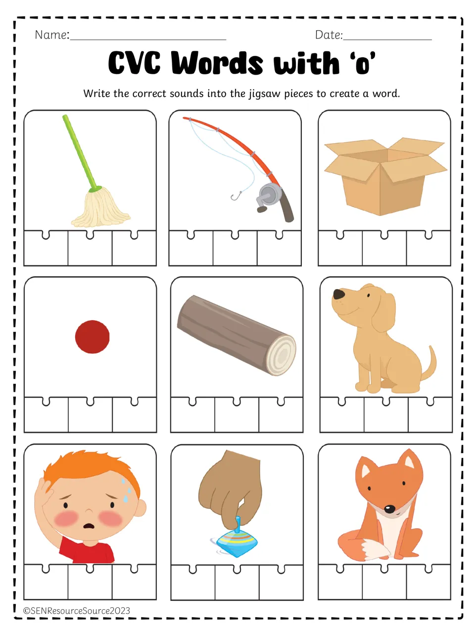Short o CVC writing practice using pictures for mop, rod, box, dot, log, dog, hot, top, and fox.