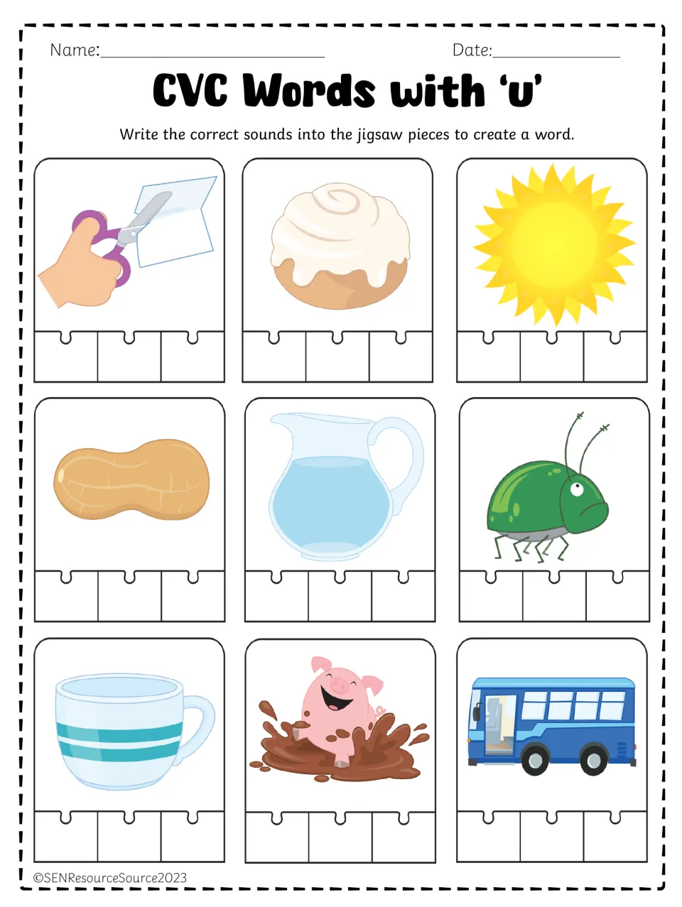 Short u CVC writing practice using pictures for cut, bun, sun, nut, jug, bug, cup, mud, and bus.