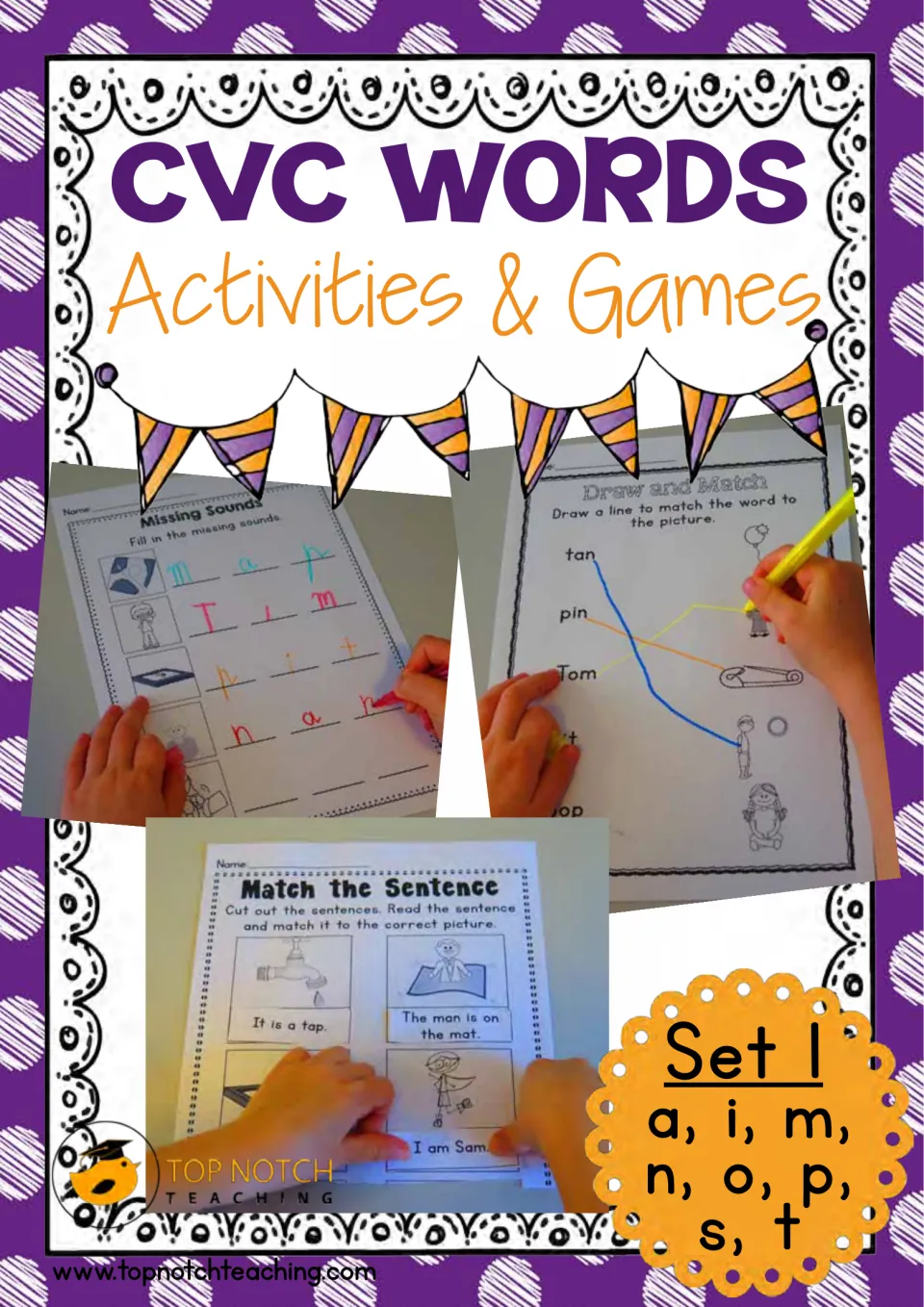 Cover of the CVC words packet, showing matching and missing-sound activities and Set 1 letters a, i, m, n, o, p, s, t