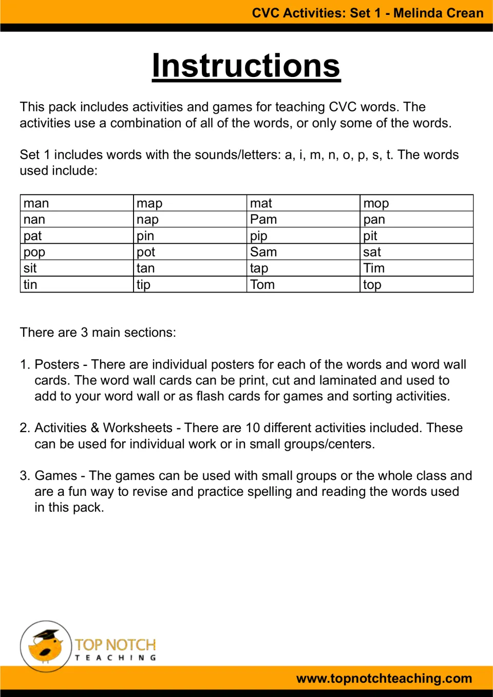 Instructions for the CVC packet list 24 words and explain how to use posters, worksheets, and games