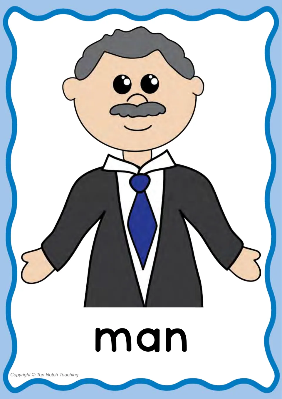 Individual CVC word poster for 'man,' pairing the printed word with an illustration of a man in a suit