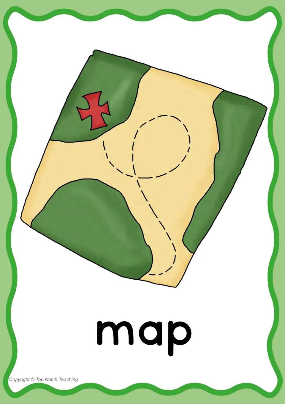Individual CVC word poster for 'map,' pairing the printed word with a map showing a route and an X