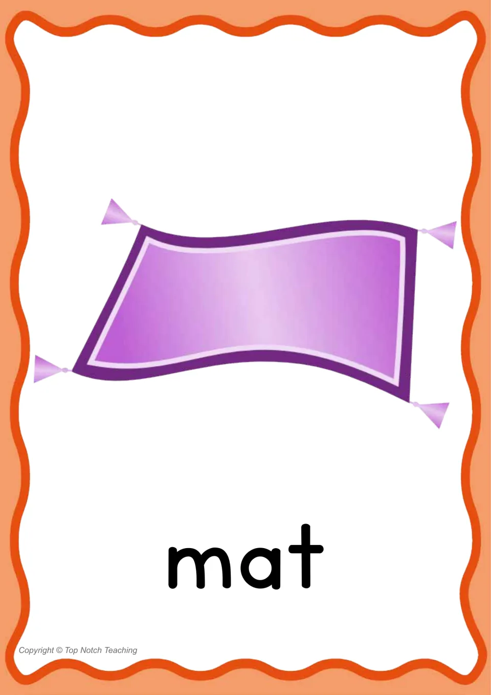 Individual CVC word poster for 'mat,' pairing the printed word with an illustration of a purple mat